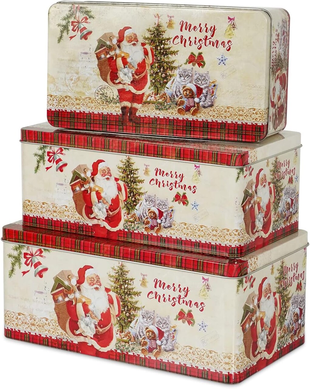Christmas Cookie Tin Box with Lids, Rectangle Santa Food Storage Gift, Set of 3 Nesting Containers